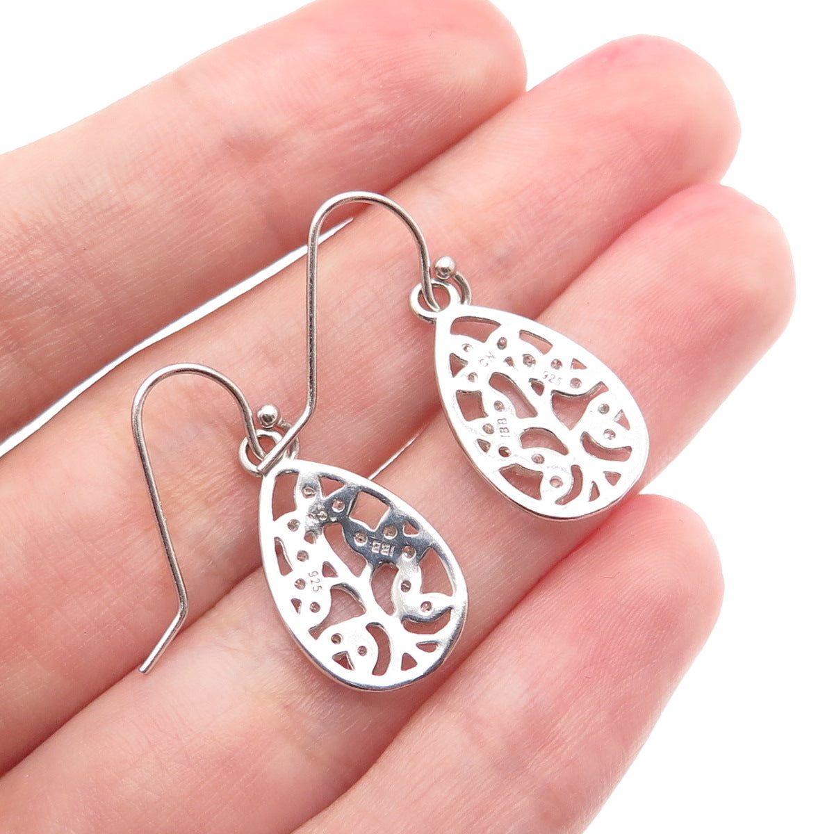 925 Sterling Silver Vintage Round-Cut C Z Floral Teardrop Dangle Earrings