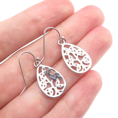 925 Sterling Silver Vintage Round-Cut C Z Floral Teardrop Dangle Earrings