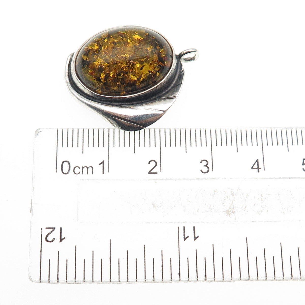 925 Sterling Silver Vintage Real Amber Modernist Floral Oxidized Charm Pendant