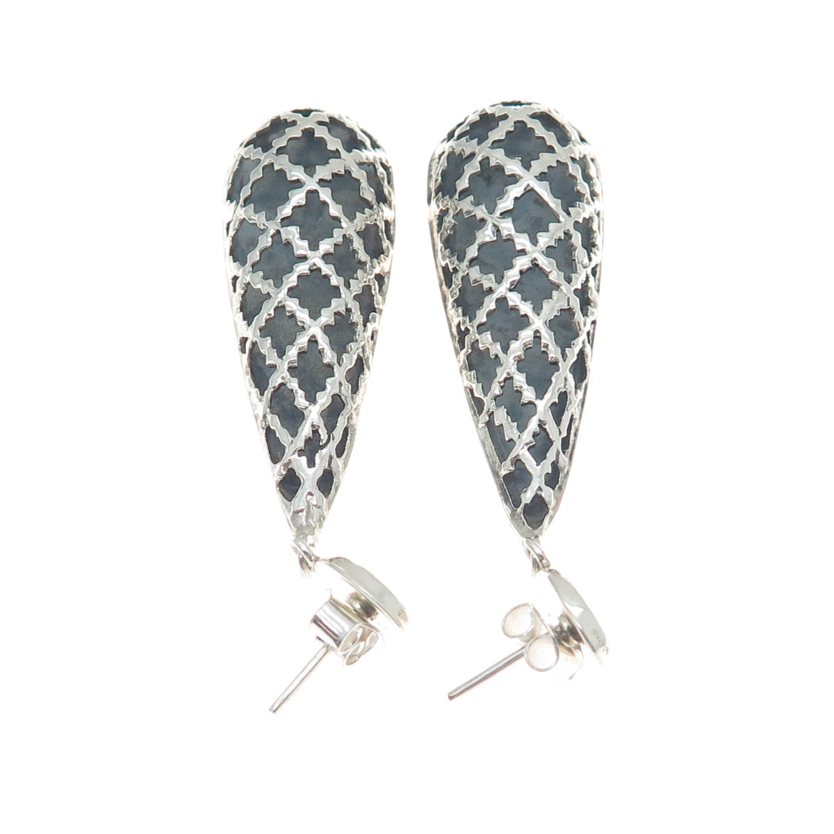 PLATELLA 950 Silver Vintage Fence Teardrop Oxidized Dangle Earrings