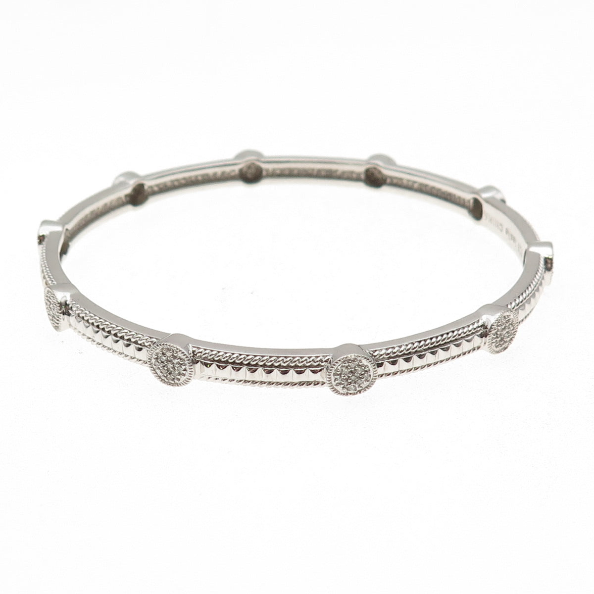 Leslie 925 Sterling Silver Real Round-Cut Diamond Station Bangle Bracelet 8.25"