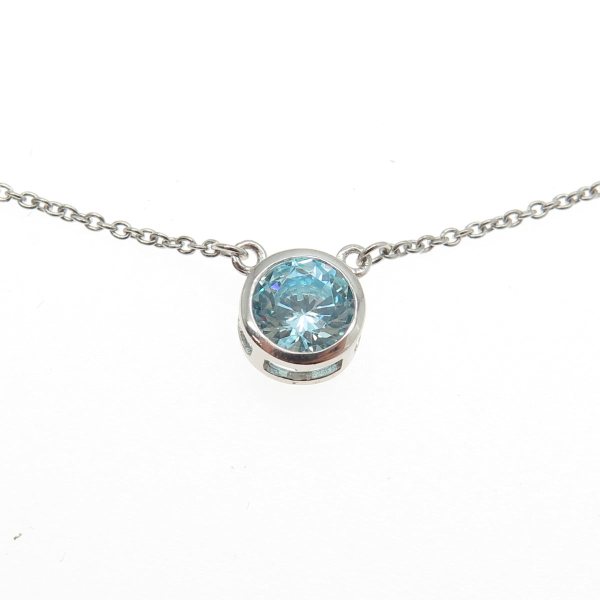 925 Sterling Silver Round-Cut Shaped Blue C Z Rolo Chain Necklace 18"