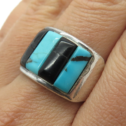 Old Pawn 925 Sterling Silver Vintage Southwestern Turquoise Onyx Ring Size 9.75