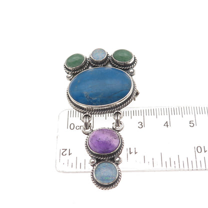 925 Sterling Silver Vintage Mexico Real Lapis Opal Amethyst & Jade Pin Pendant