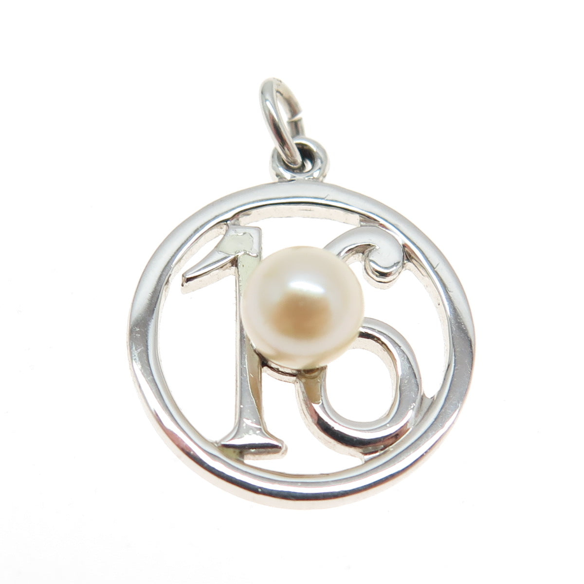 925 Sterling Silver Vintage Real Pearl Sweet "16" Round Charm Pendant