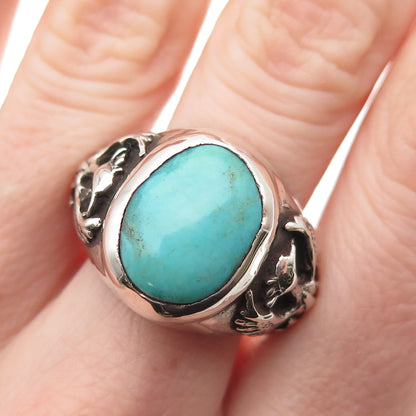 Old Pawn 925 Sterling Silver Vintage Turquoise Peyote Bird Oxidized Ring Size 10