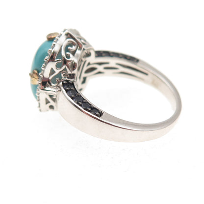 925 Sterling Silver 2-Tone Real Turquoise White Topaz & Iolite Ring Size 8.25