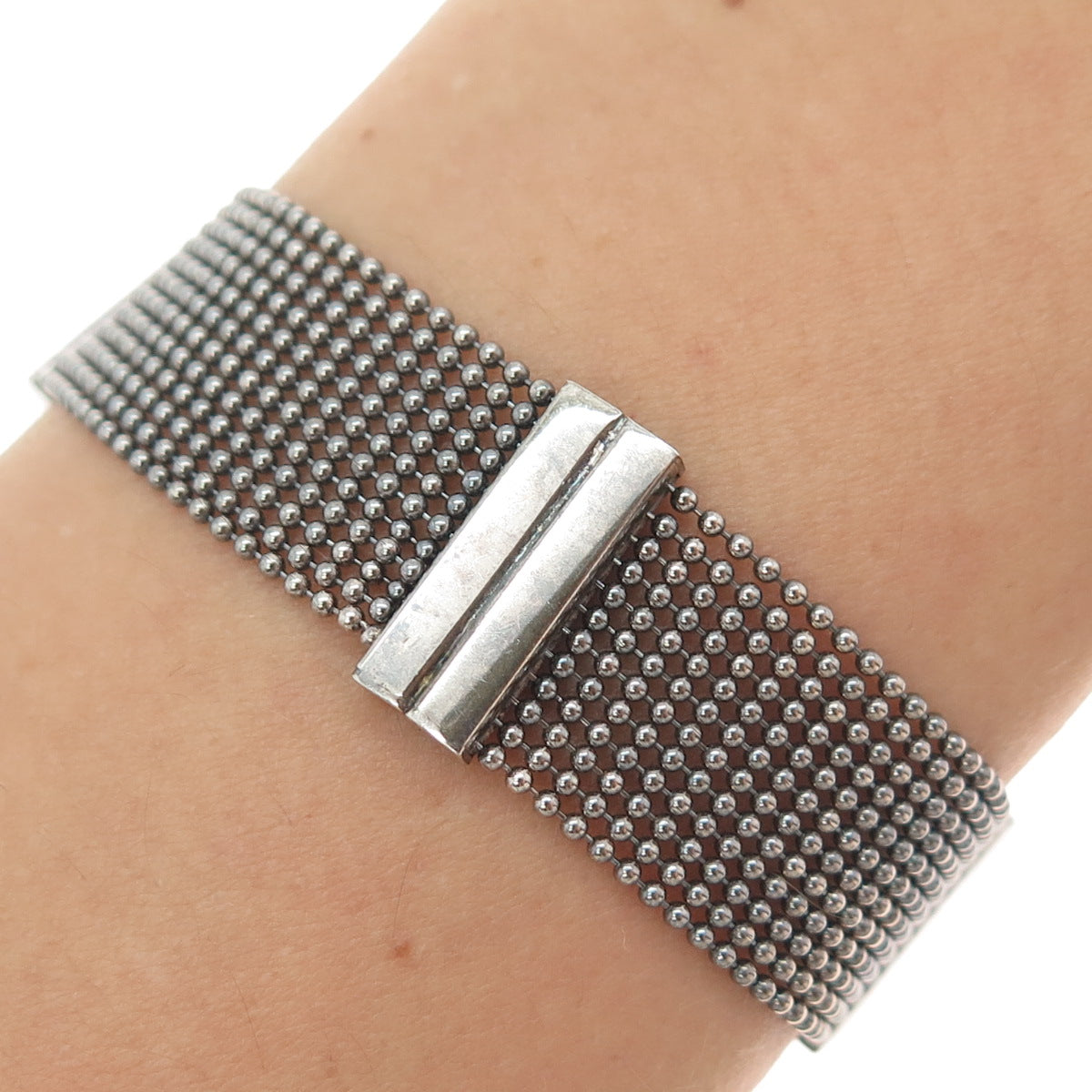 HAN 925 Sterling Silver Vintage Italy Oxidized Beaded Mesh Link Bracelet 7.25"
