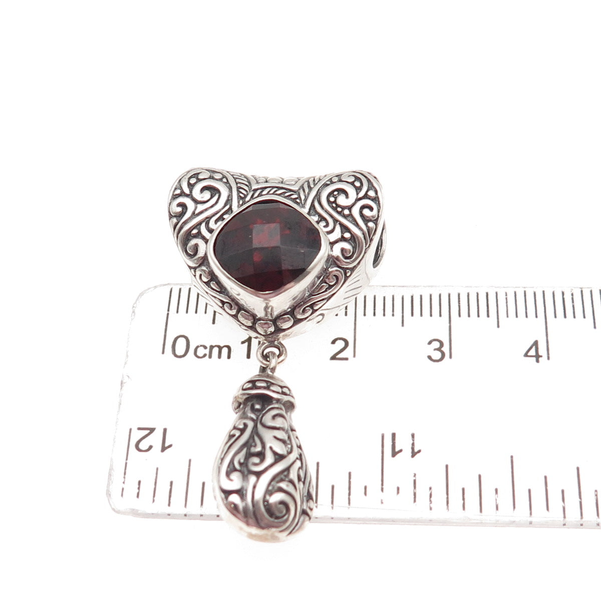 925 Sterling Silver Vintage Real Red Garnet Heart Swirl Slide Pendant