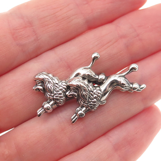 925 Sterling Antique Art Deco Poodle Dog Couple Repousse Oxidized Pin Brooch
