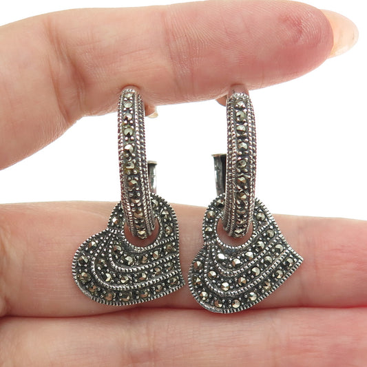 925 Sterling Silver Vintage Real Marcasite Heart Charm Hoop Earrings