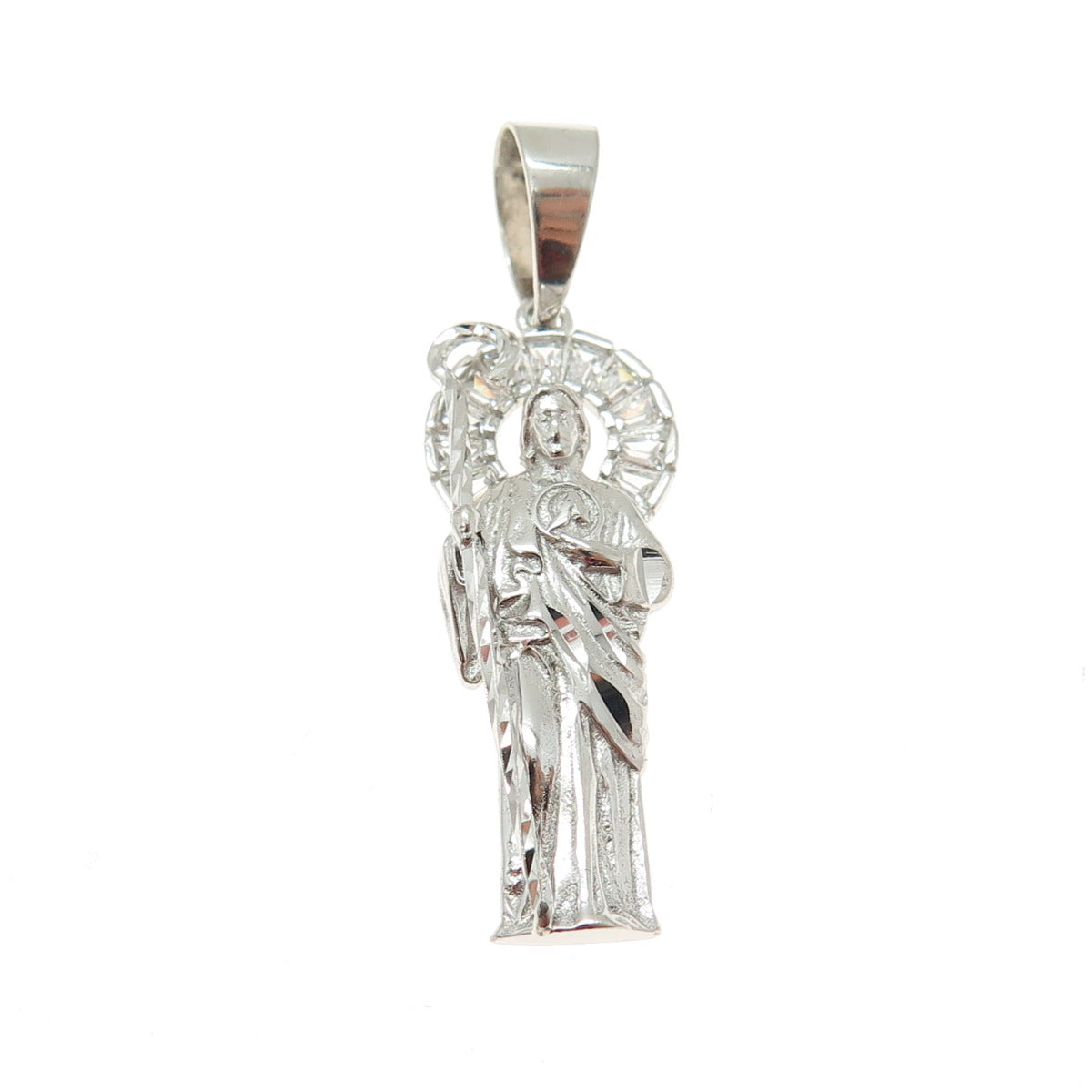 DM 925 Sterling Tapered Baguette-Cut Shaped C Z St. Jude Religious Pendant