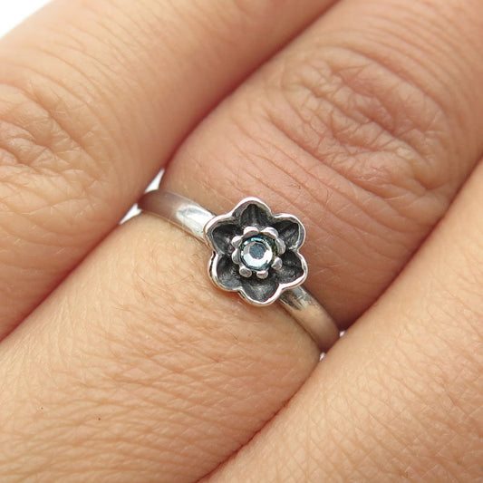 925 Sterling Silver Vintage Blue Rhinestone Floral Blossom Ring Size 5.25