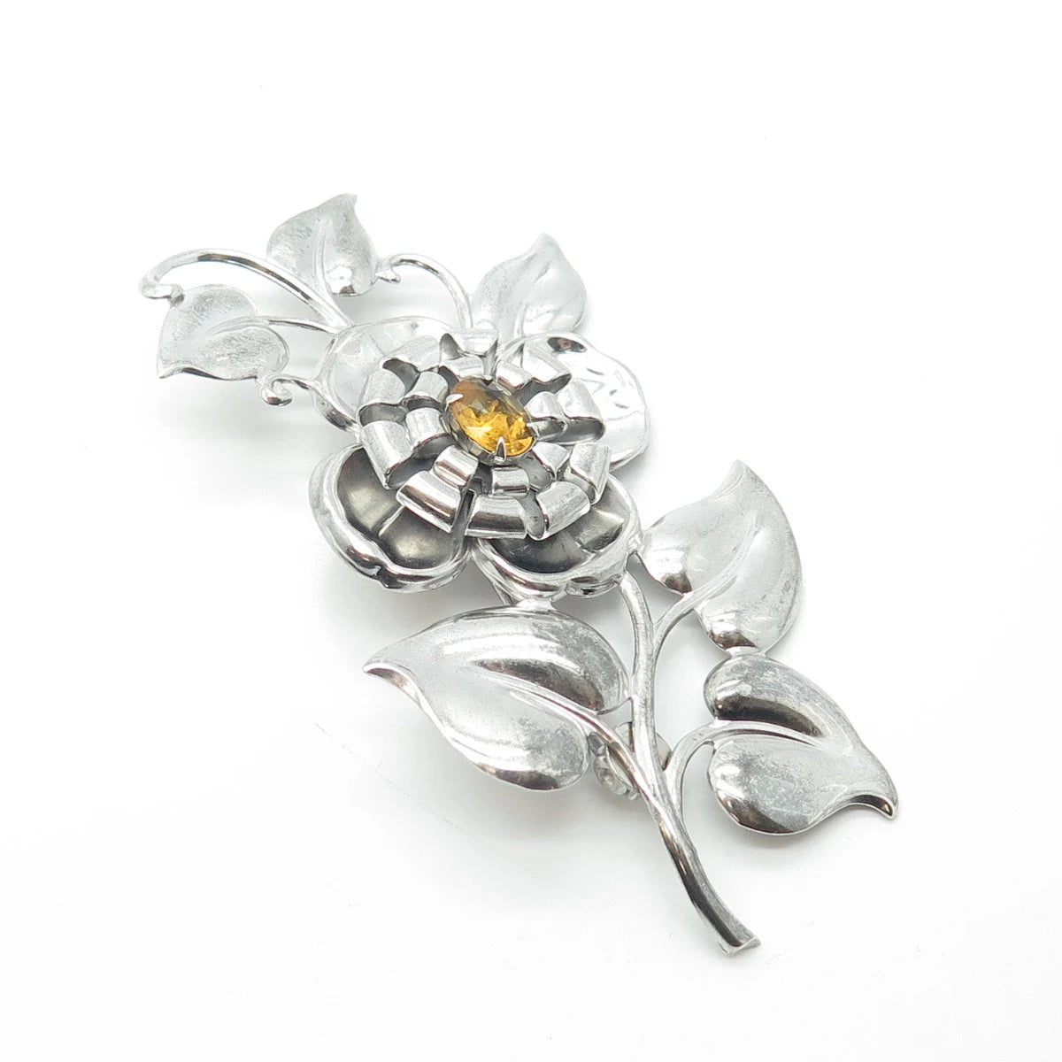 925 Sterling Silver Antique Art Deco Yellow Rhinestone Floral Pin Brooch