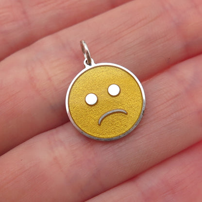 925 Sterling Silver Yellow Enamel Sad Face Emoji Charm Pendant