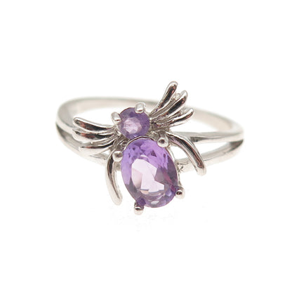 925 Sterling Silver Vintage Real Oval & Round-Cut Amethyst Bee Ring Size 8