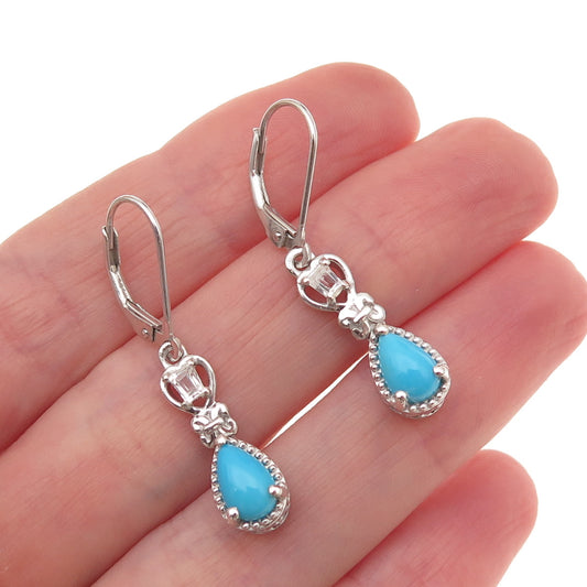 Chuck Clemency 925 Sterling Silver Real Turquoise & White Topaz Dangle Earrings
