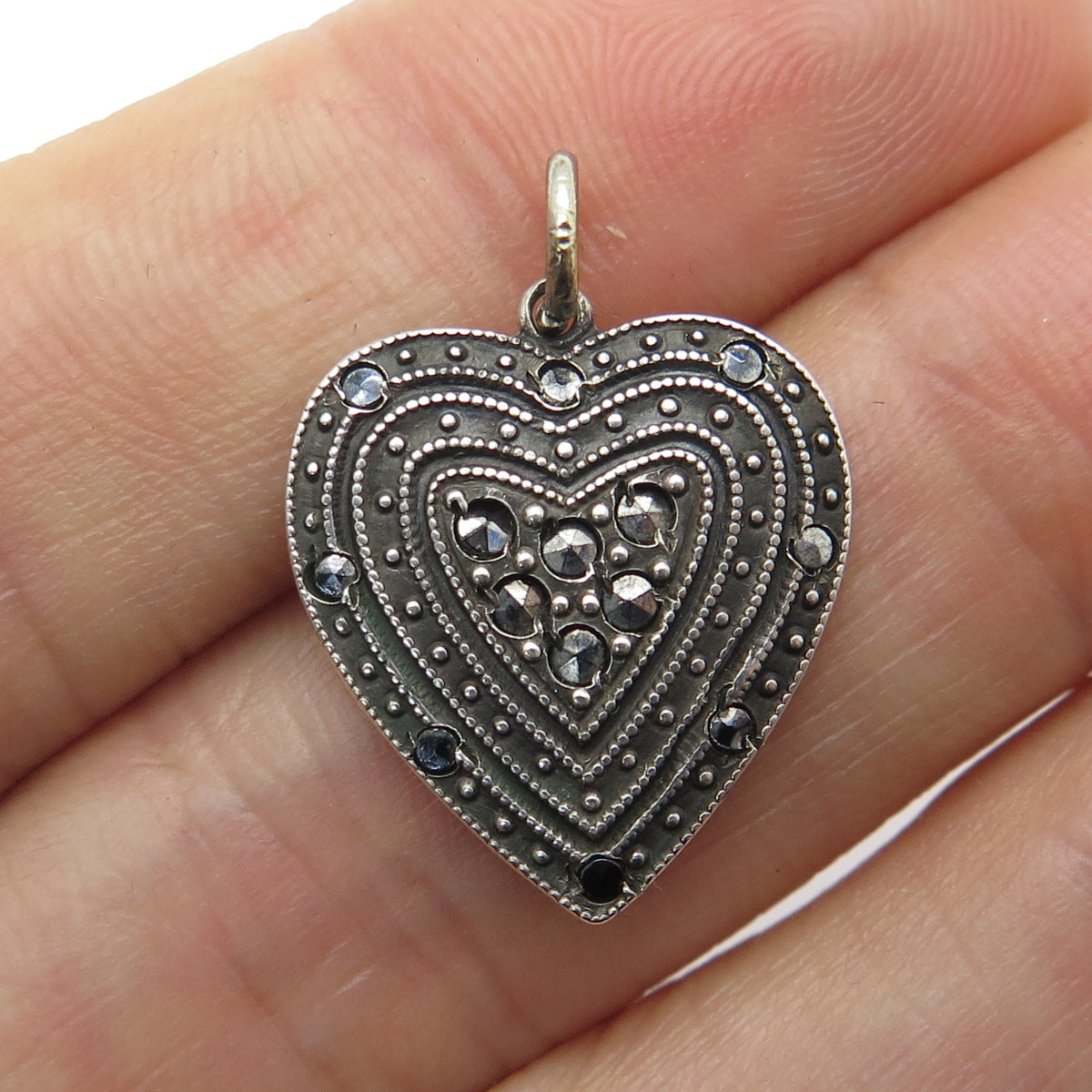 925 Sterling Silver Antique Art Deco Real Marcasite Heart Charm Pendant