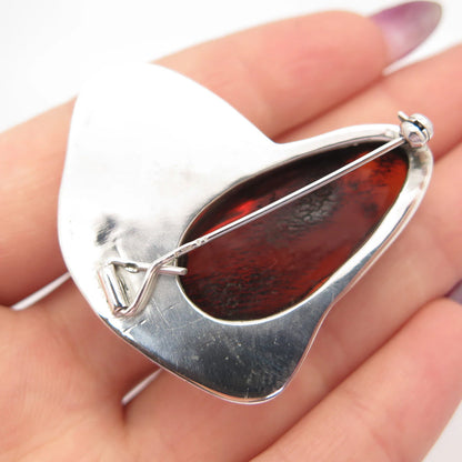 925 Sterling Silver Vintage Real Large Amber Modernist Pin Brooch