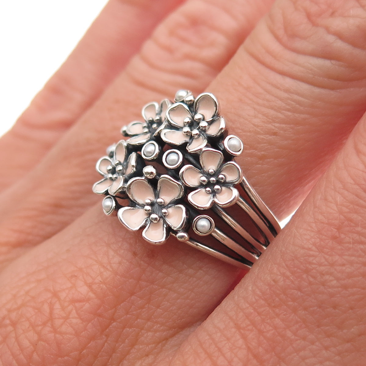 Pandora 925 Sterling Silver Enamel Real Pearl Cherry Blossom Bouquet Ring Size 7