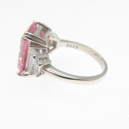 925 Sterling Vintage Emerald & Tapered Baguette-Cut Pink White C Z Ring Size 5.5