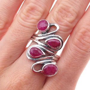 925 Sterling Silver Vintage Real Ruby Modernist Oxidized Ring Size 9