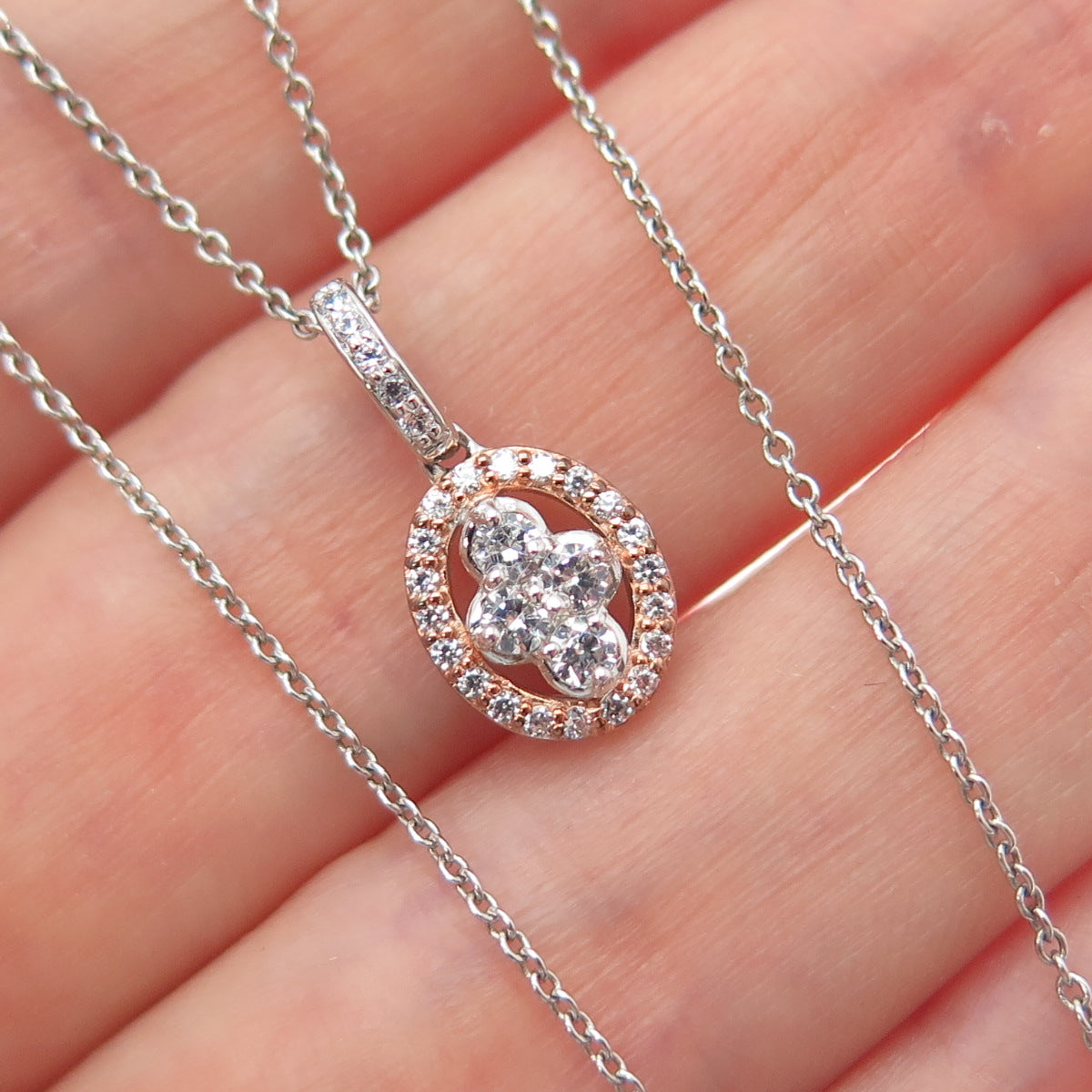 SAI 925 Sterling Silver 2-Tone Round-Cut C Z Cross Cable Chain Necklace 18"