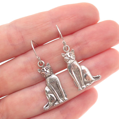 925 Sterling Silver Vintage Cat Oxidized Dangle Earrings