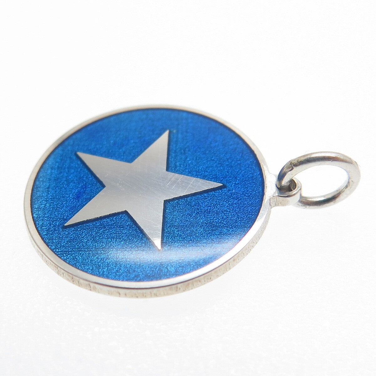 925 Sterling Silver Blue Enamel Star Round Tag Minimalist Charm Pendant