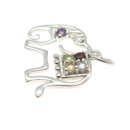 925 Sterling Silver Real Multi-Color Gem Elephant Minimalist Charm Pendant