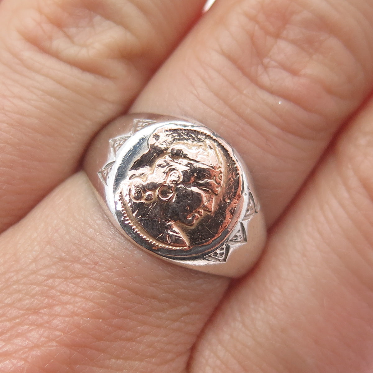 18K Gold 925 Sterling Silver Vintage Indian Chief Signet Ring Size 8