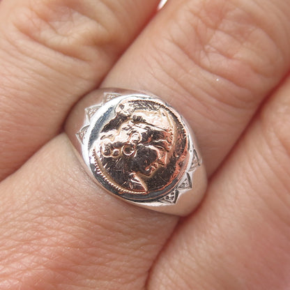 18K Gold 925 Sterling Silver Vintage Indian Chief Signet Ring Size 8