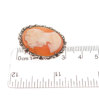 800 Silver Antique Art Deco Real MOP & Marcasite Lady Cameo Pin Brooch / Pendant