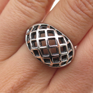 925 Sterling Silver Vintage Modernist Cage Dome Oxidized Ring Size 6.75