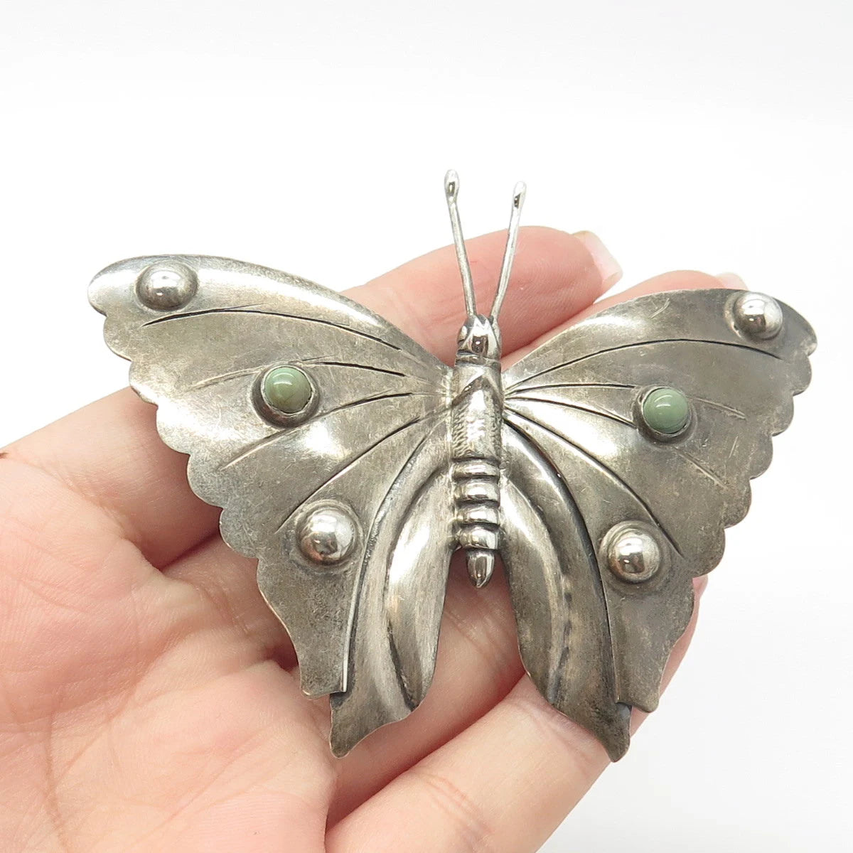 925 Sterling Silver Vintage Mexico Real Turquoise Gem Butterfly Pin Brooch