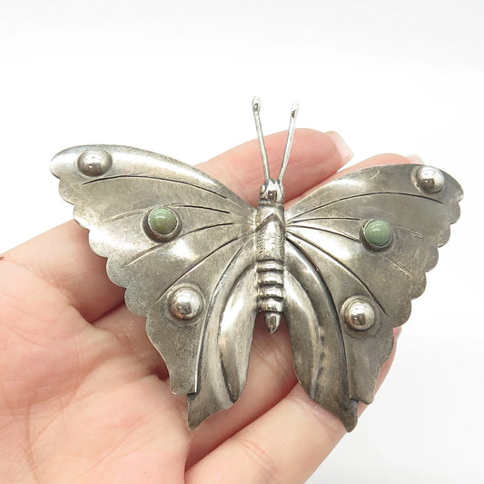 925 Sterling Silver Vintage Mexico Real Turquoise Gem Butterfly Pin Brooch