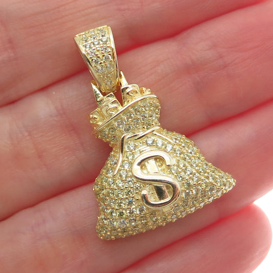 925 Sterling Silver Gold Plated C Z Dollar Sign Money Bag Pendant