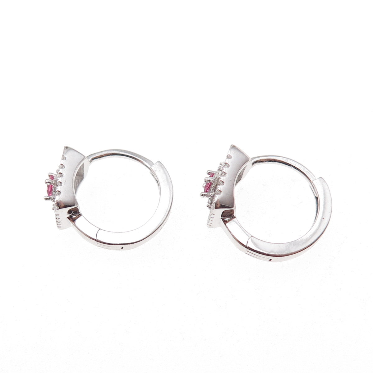925 Sterling Silver Pink & White C Z Hoop Earrings