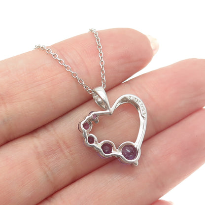 925 Sterling Silver Italy Real Amethyst Gem Open Heart Rolo Chain Necklace 18"