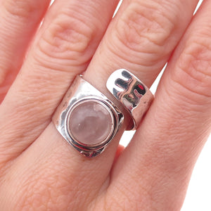 925 Sterling Silver Vintage Real Rose Quartz Hammered Adjustable Ring Size 7.5