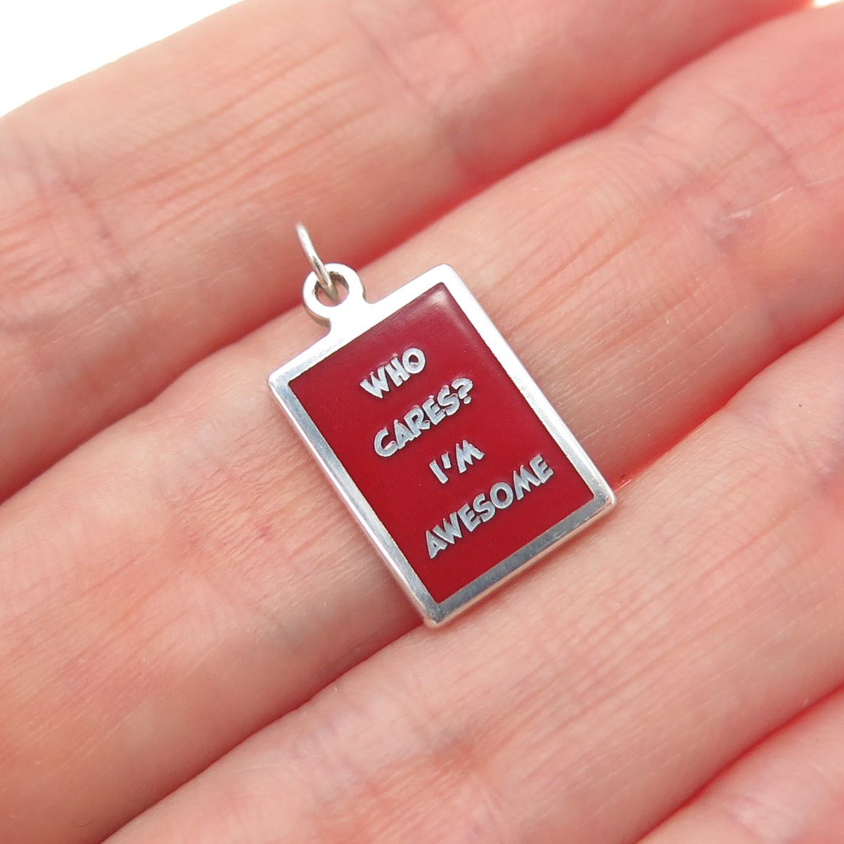 925 Sterling Silver Red Enamel Who Cares? I'm Awesome Minimalist Charm Pendant