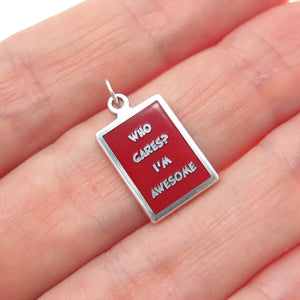 925 Sterling Silver Red Enamel Who Cares? I'm Awesome Minimalist Charm Pendant
