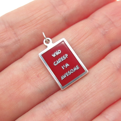 925 Sterling Silver Red Enamel Who Cares? I'm Awesome Minimalist Charm Pendant