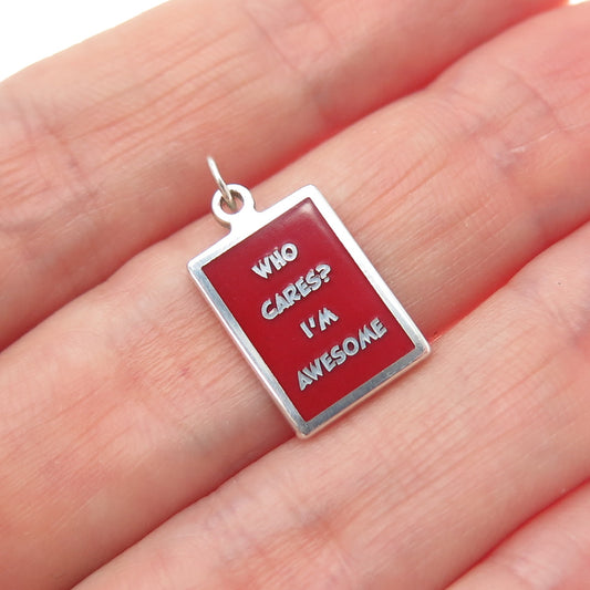 925 Sterling Silver Red Enamel Who Cares? I'm Awesome Minimalist Charm Pendant