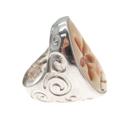AMEDEO 925 Sterling Silver Real Carved MOP Flower Spiral Ring Size 6.25