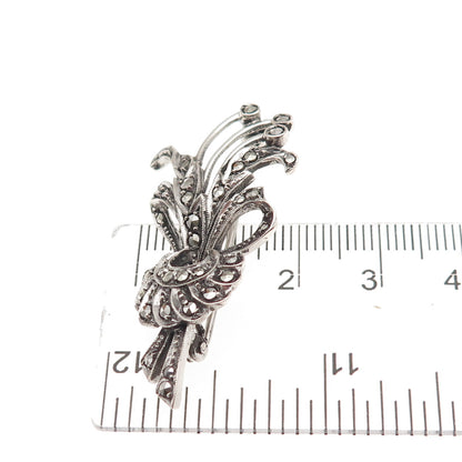 835 Silver Antique Art Deco Real Marcasite Floral Oxidized Pin Brooch