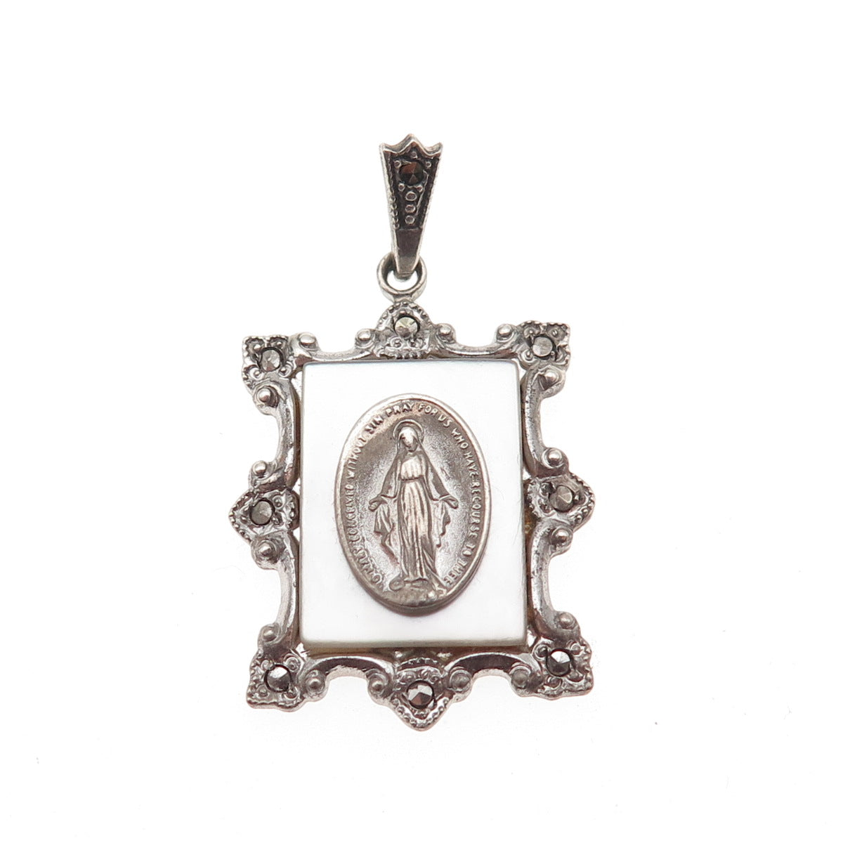 THEDA 925 Sterling Silver Antique Art Deco Real MOP & Marcasite St. Mary Pendant