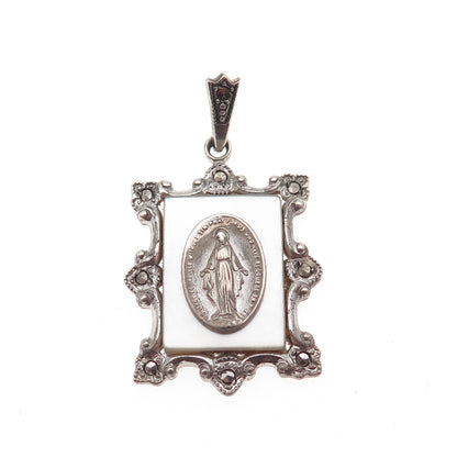 THEDA 925 Sterling Silver Antique Art Deco Real MOP & Marcasite St. Mary Pendant