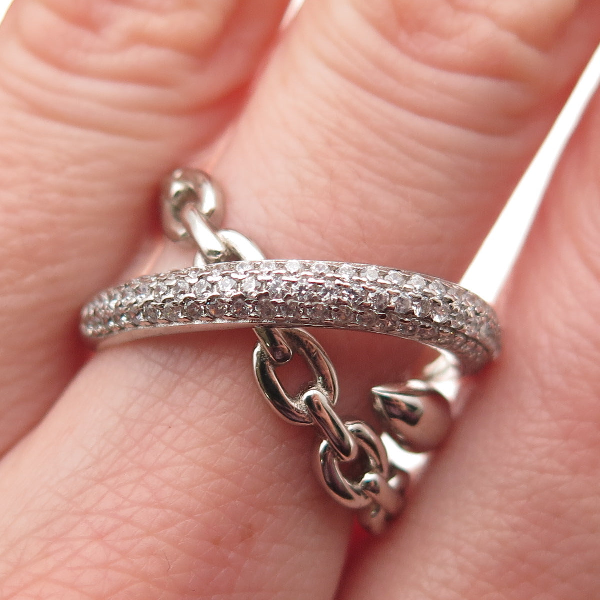 925 Sterling Silver Round-Cut C Z Multi-Link Crossover Ring Size 8.25