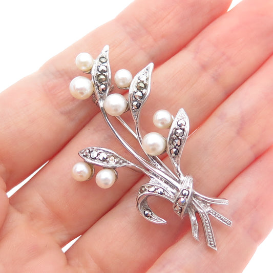 835 Silver Vintage Real Pearl & Marcasite Flower Pin Brooch (missing 1 stone)